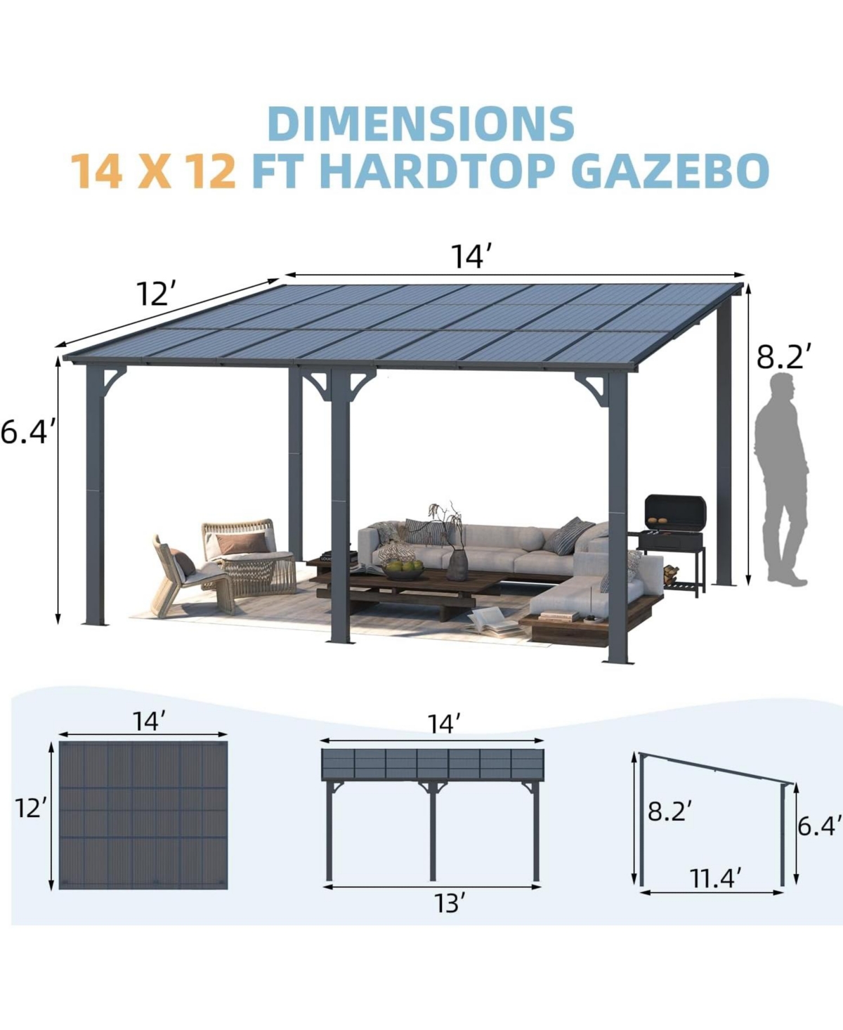 Aecojoy 14'x12' Wall Gazebo Hardtop Roof Lean to Grill Shelter Heavy Duty Metal Awning