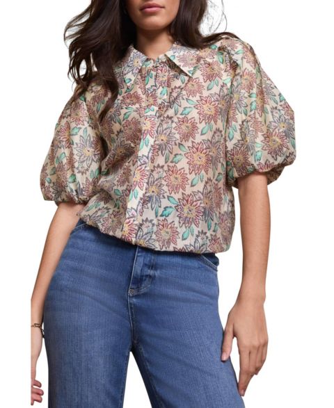 Женская рубашка Mint Velvet Floral-Print Puff-Sleeve, цвет: Бордовый