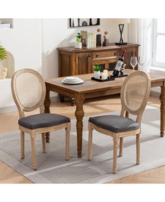 Set of 2 French Solid Wood Rattan Back Dining Chairs, Antique Carved Frame 300 LBS Capacity