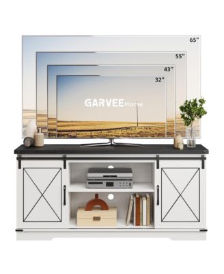 Farmhouse TV Stand for TVs – Sliding Barn Doors + Adjustable Shelf + Spacious Storage – Modern Brown – for Living Room or Bedroom