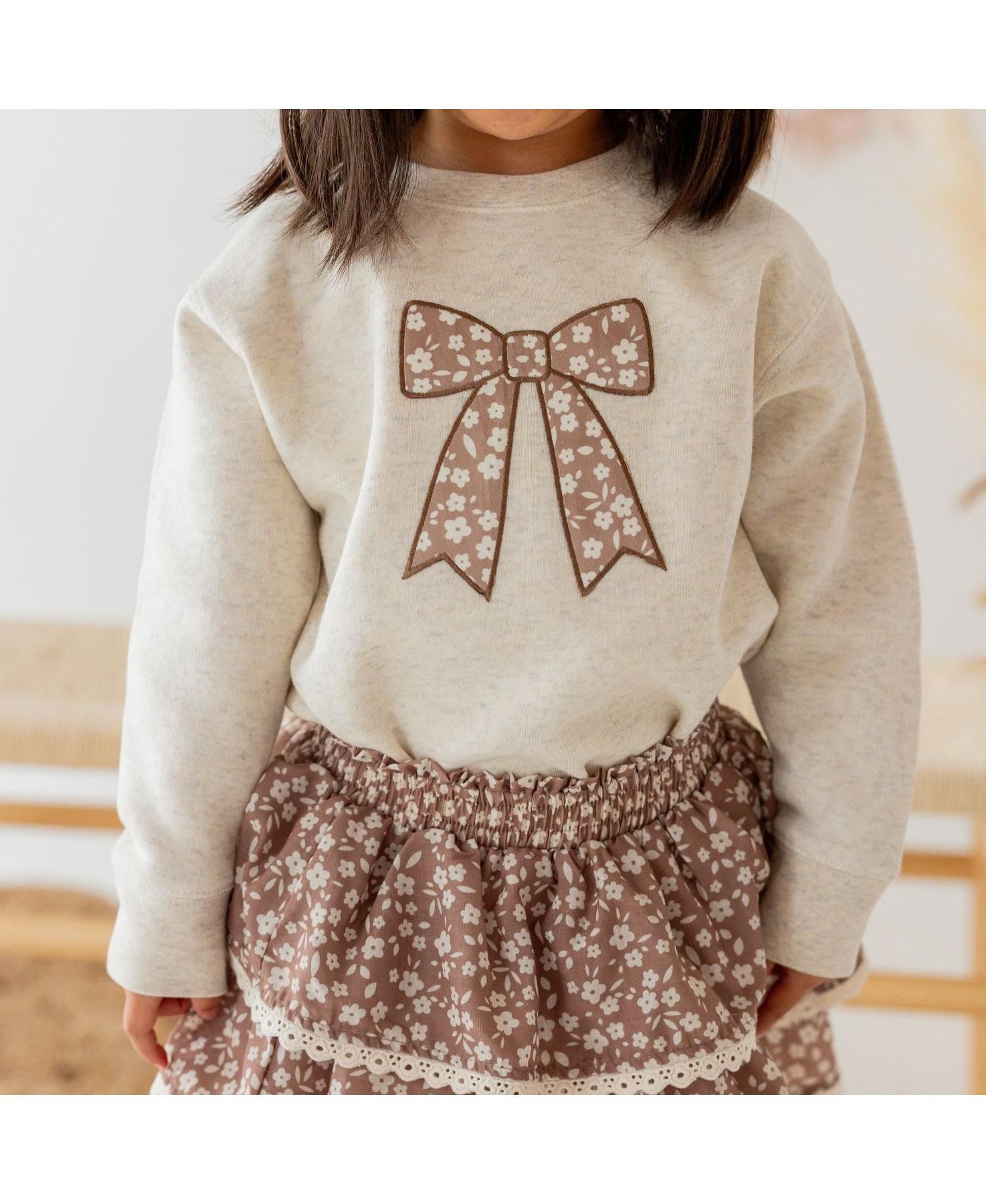 Little Girls Mocha Floral Bow Patch Sweatshirt