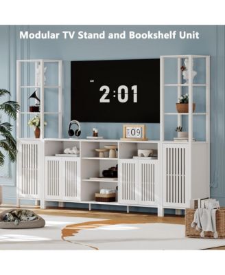 Farmhouse Walnut TV Stand for 70 Inch TVs, Entertainment Center with Bookshelves Drawers and Adjustable Storage Shelves for Living Room Bedroom