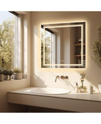 32"x32" Square LED Bathroom Mirror Illuminated Dimmable 3 Colors Backlit and Front Light Smart Touch