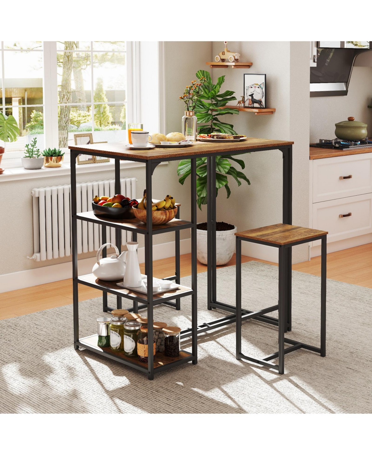 Mecale 3-Piece Bar-Height Dining Set with 2 Stools and Shelves