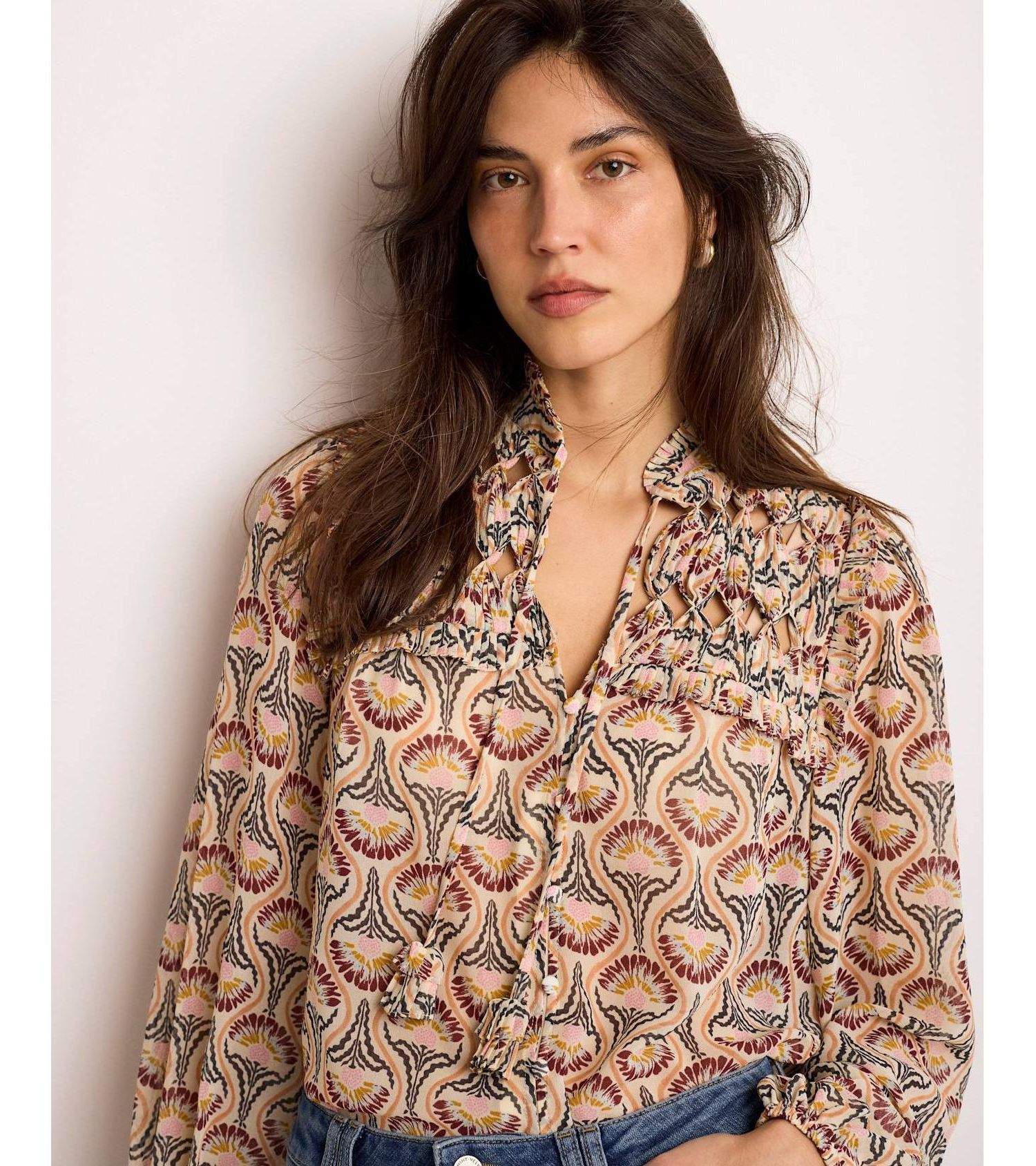 Women's Floral-Print Ruffle-Trim Tie-Front Long-Sleeve Blouse