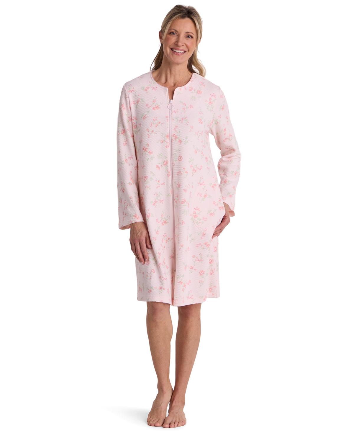Miss Elaine Women's Zip-front Floral Textured Knit Robe In 863 Small