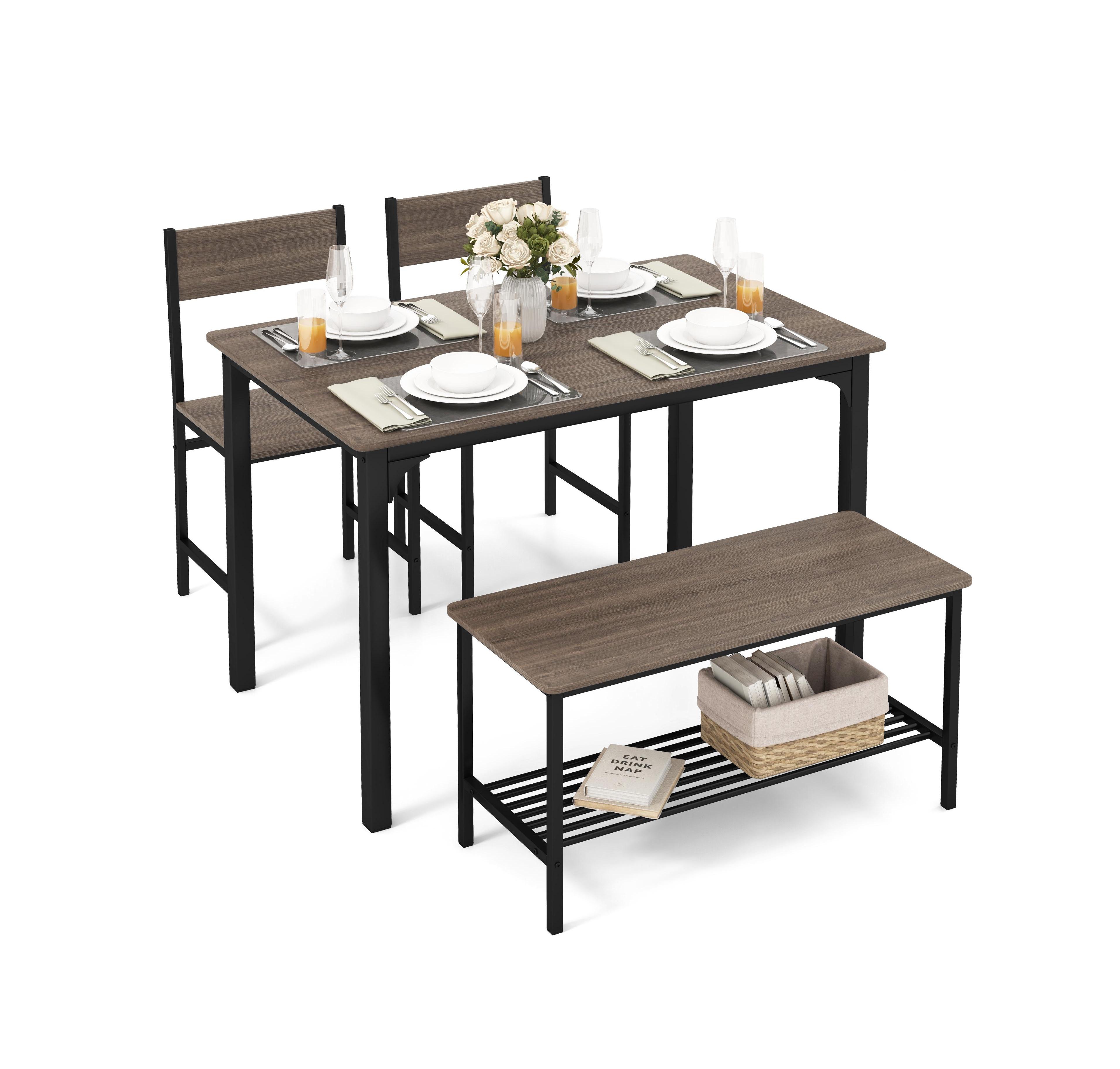 Mecale 4-Piece Rustic Dining Table Set with Storage Bench and 2 Chairs