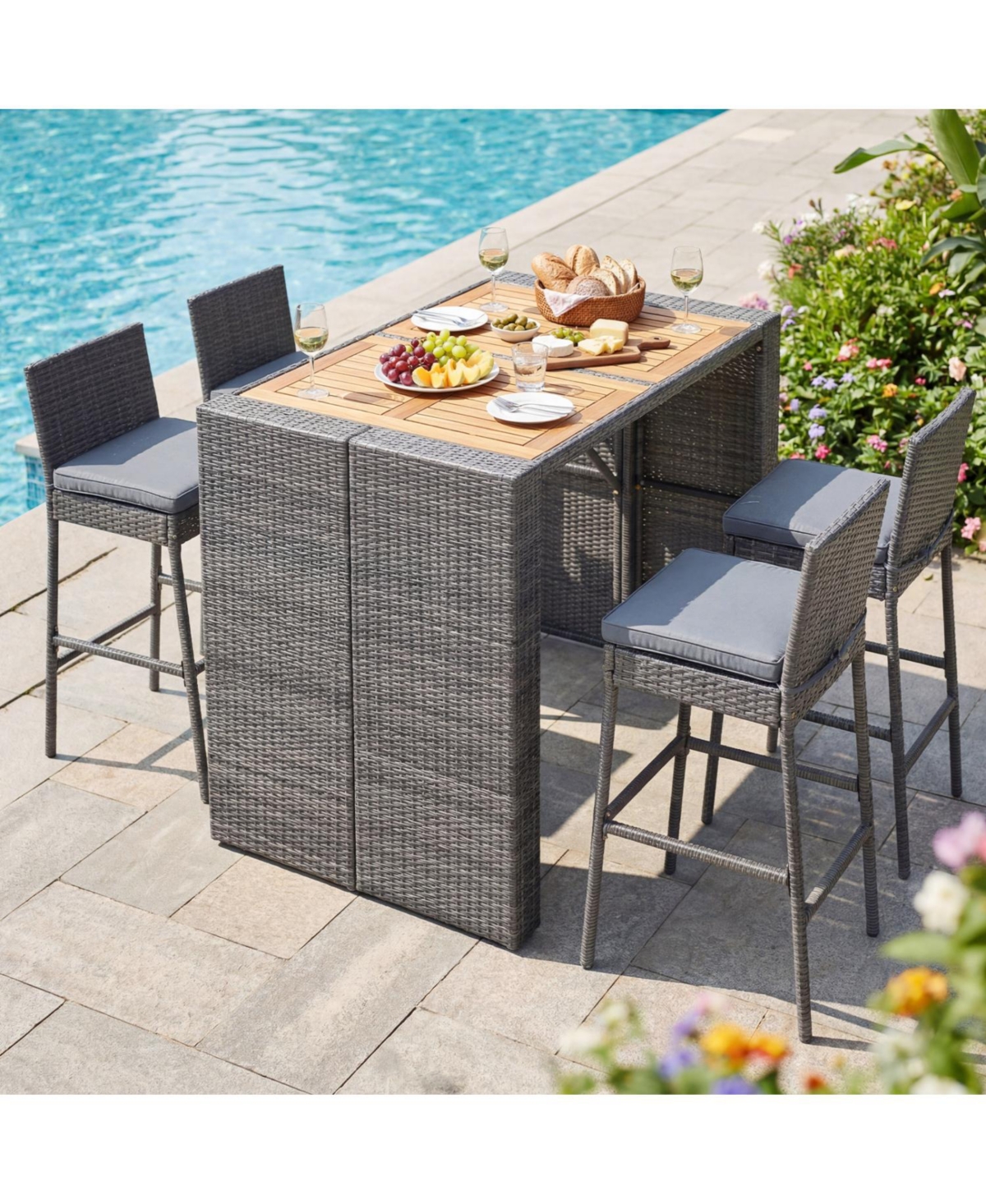 Mecale 5-Piece Patio Bar-Height Set with Acacia Table and 4 Stools