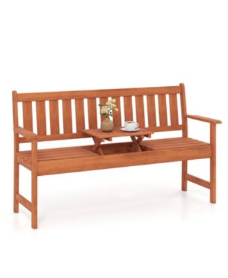 59'' Outdoor Wood Garden Bench with Pull-Out Center Table Backrest and Armrests