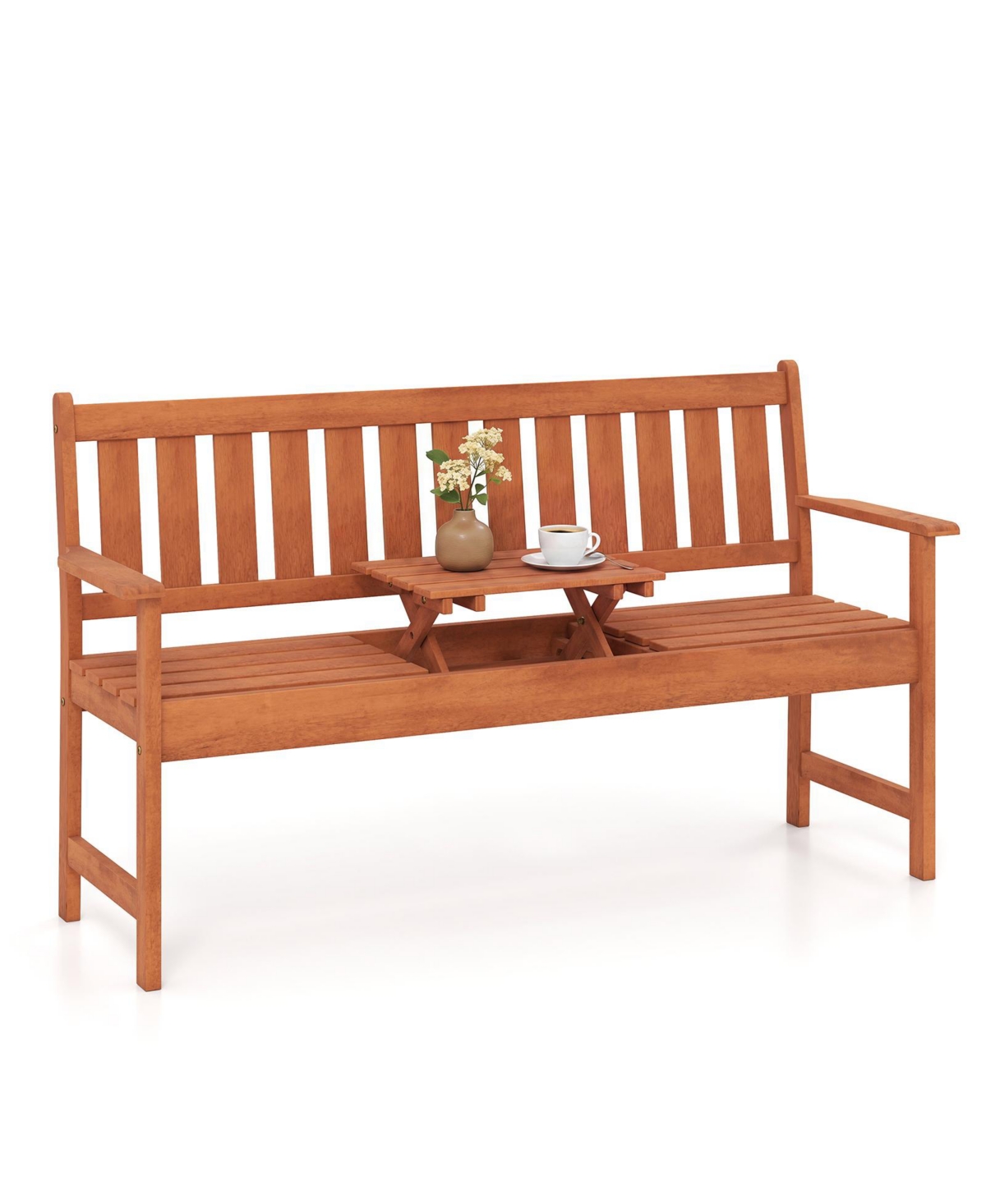 Gymax 59'' Outdoor Wood Garden Bench with Pull-Out Center Table Backrest and Armrests