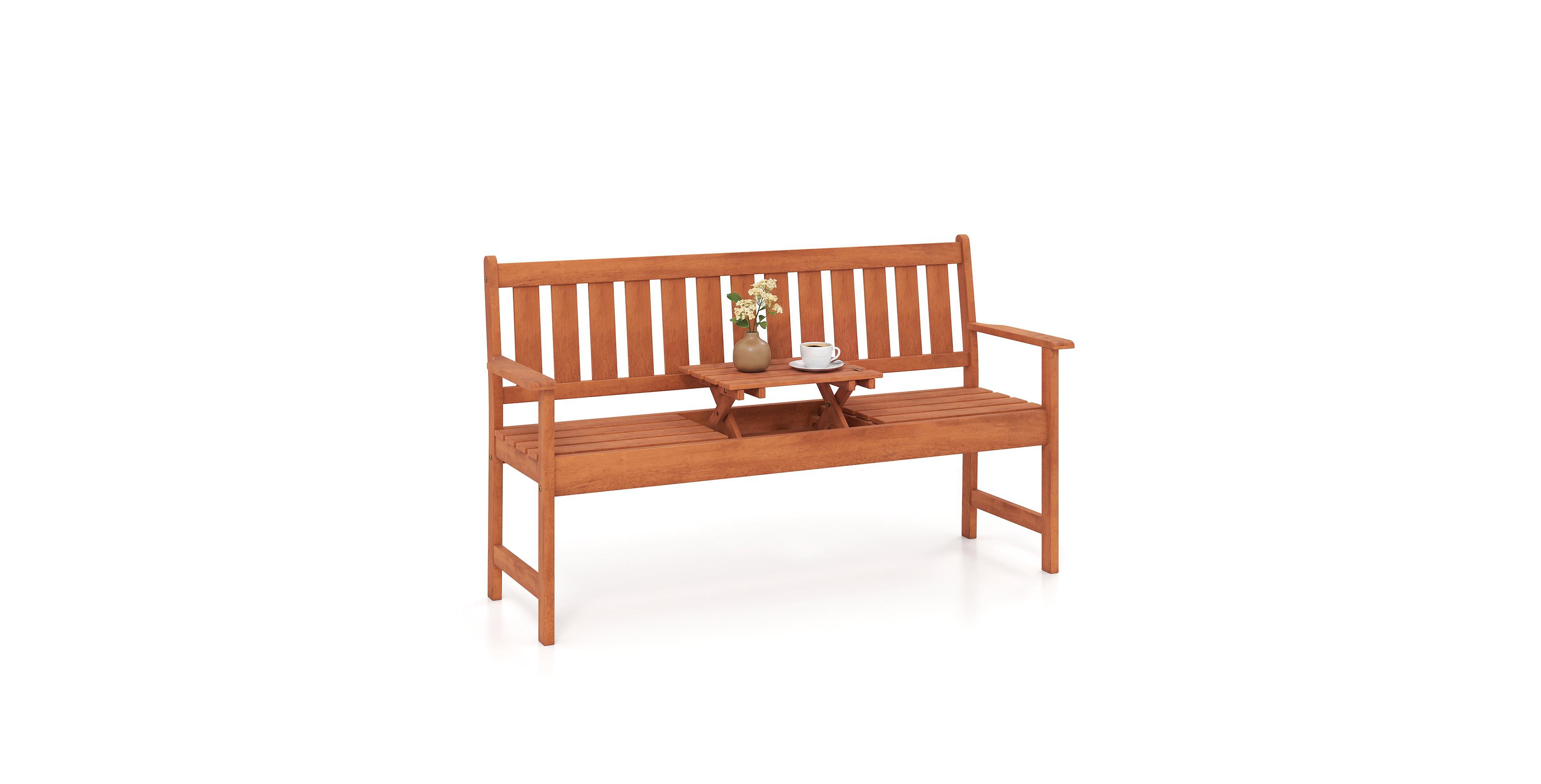 Gymax 59'' Outdoor Wood Garden Bench with Pull-Out Center Table Backrest and Armrests