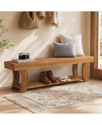 Solid Wood Bench, 63" Long Farmhouse Entryway Bench with Storage, Rustic Narrow Shoe Storage Bench Seat