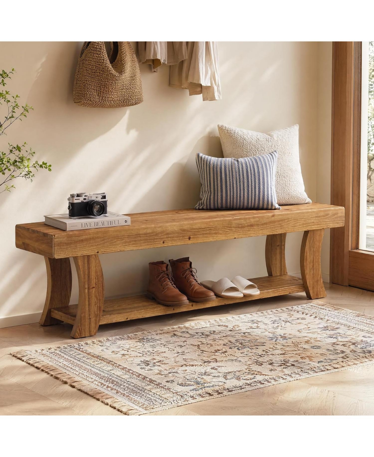 Tribesigns Solid Wood Bench, 63" Long Farmhouse Entryway Bench with Storage, Rustic Narrow Shoe Storage Bench Seat