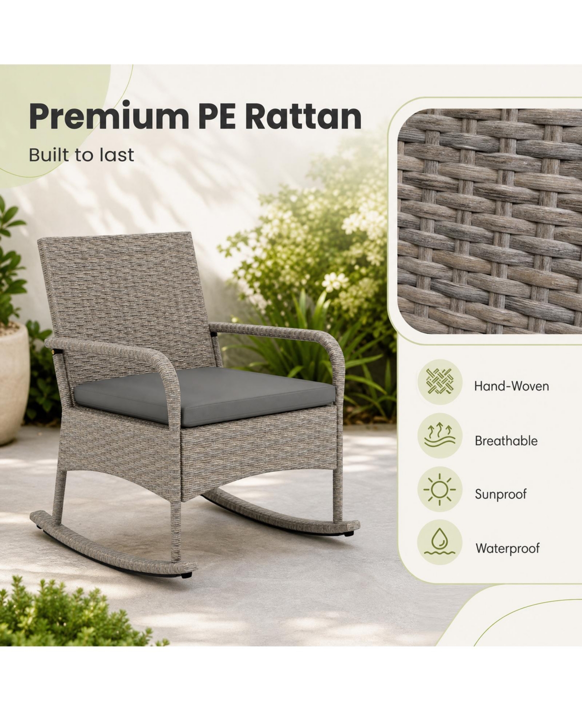 Gymax 3-Piece Rocking Bistro Set with Cushions and Glass Coffee Table for Garden Outdoor Mixed