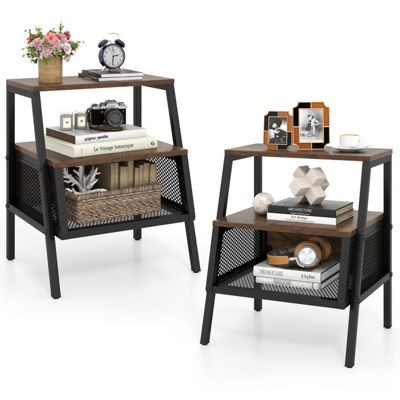 Industrial 3-Tier Nightstand Set of 2 with Open Shelves and Mesh Compartment