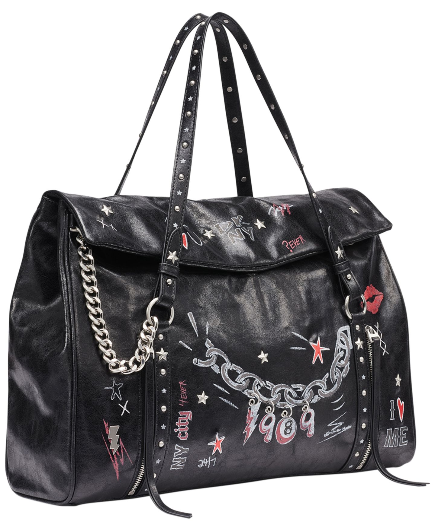 Женская сумка DKNY Skye Large Structured Satchel Handbag, цвет: Чёрный / Серебряный — фото 3