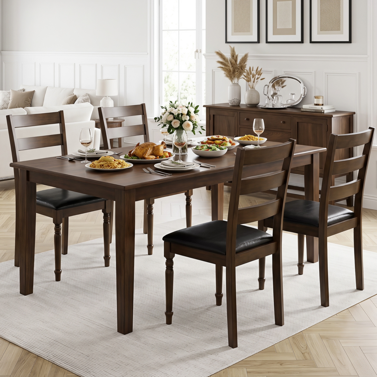 Gymax 4Piece Farmhouse Pu Leather Upholstered Dining Chairs with Ladder Back Padded Seat