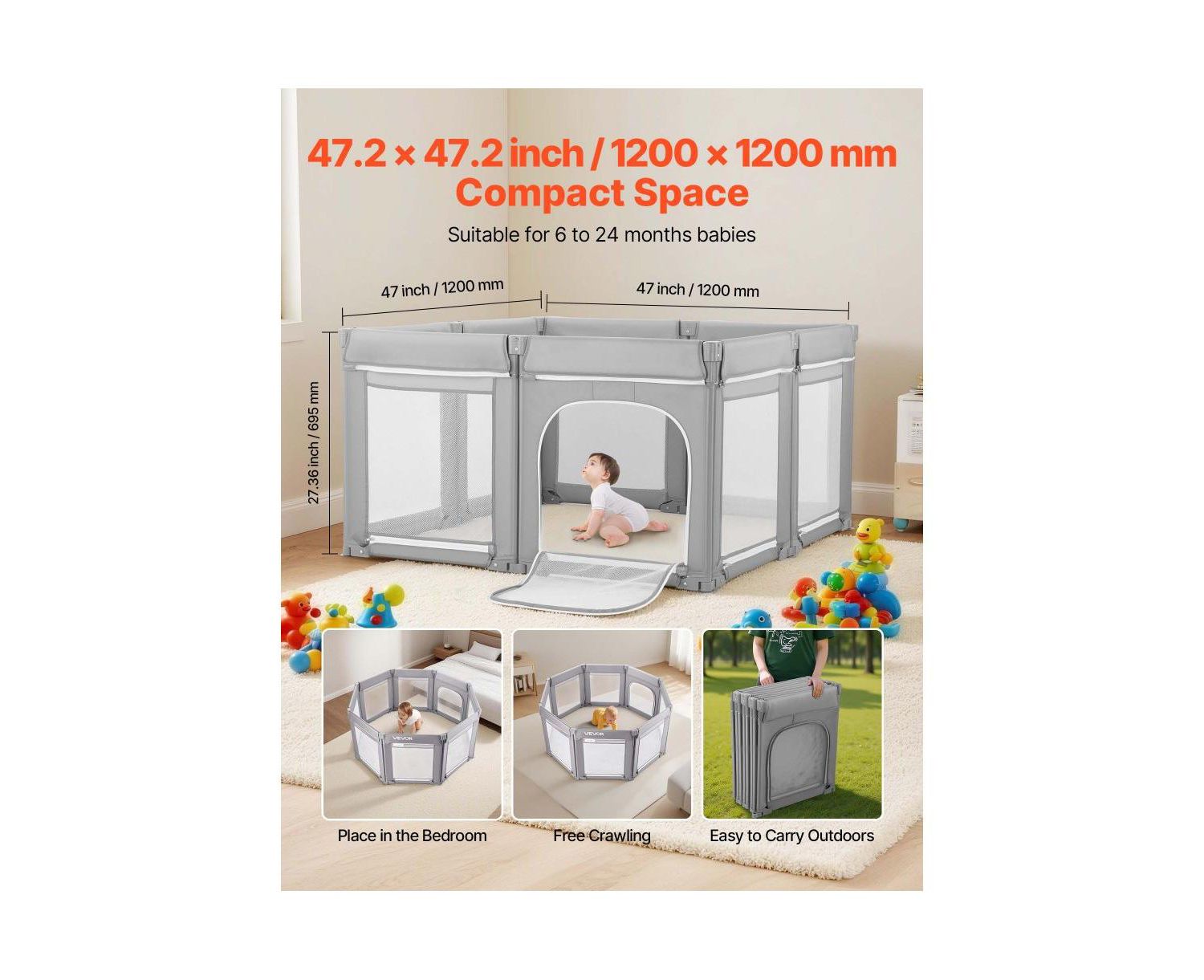 Baby Playpen with Soft Mesh Sides, Foldable Toddler Activity Center for Indoor and Outdoor Use