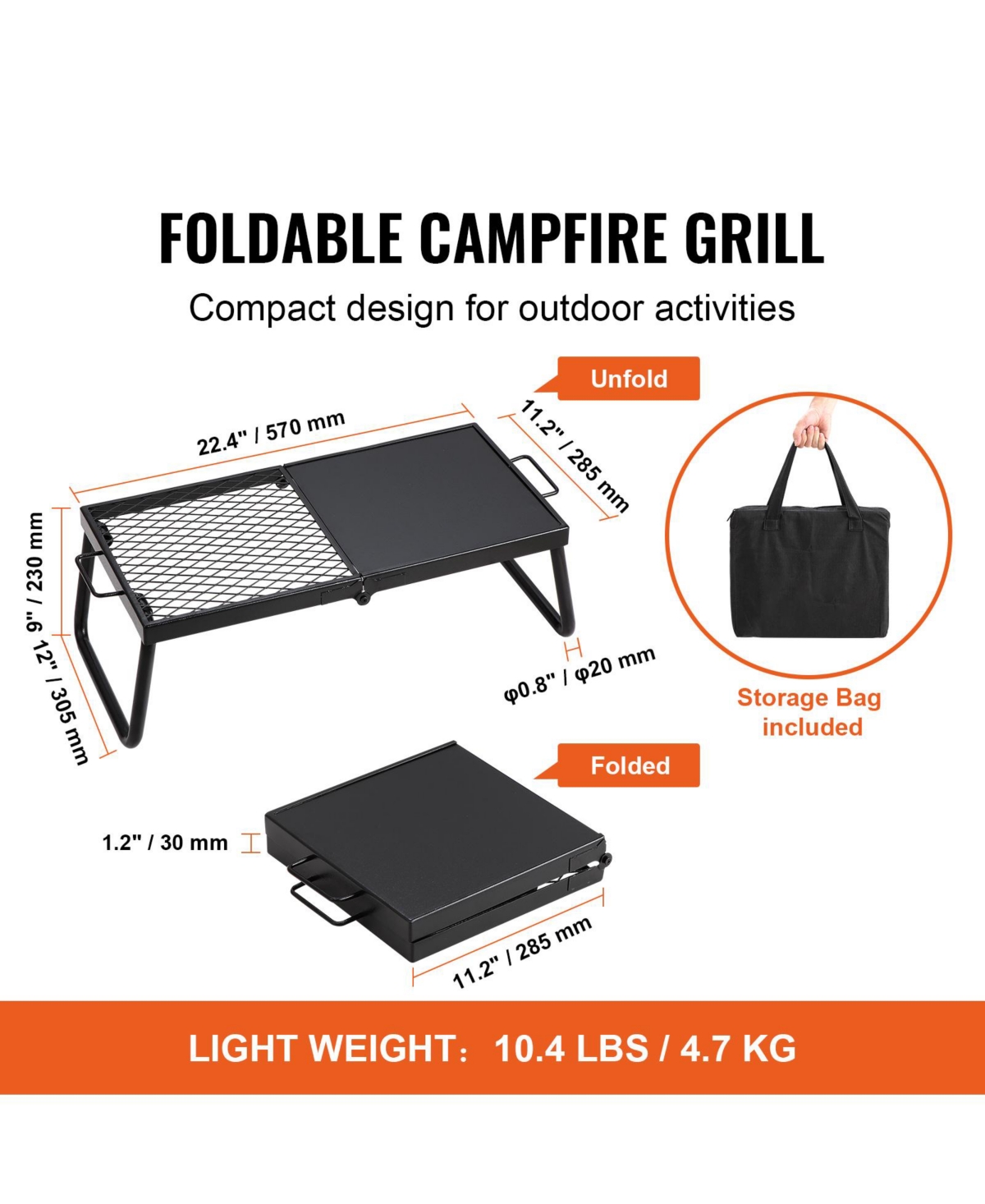 Vevor Folding Campfire Grill Portable Camping Fire Pit Steel Outdoor Bbq Picnic