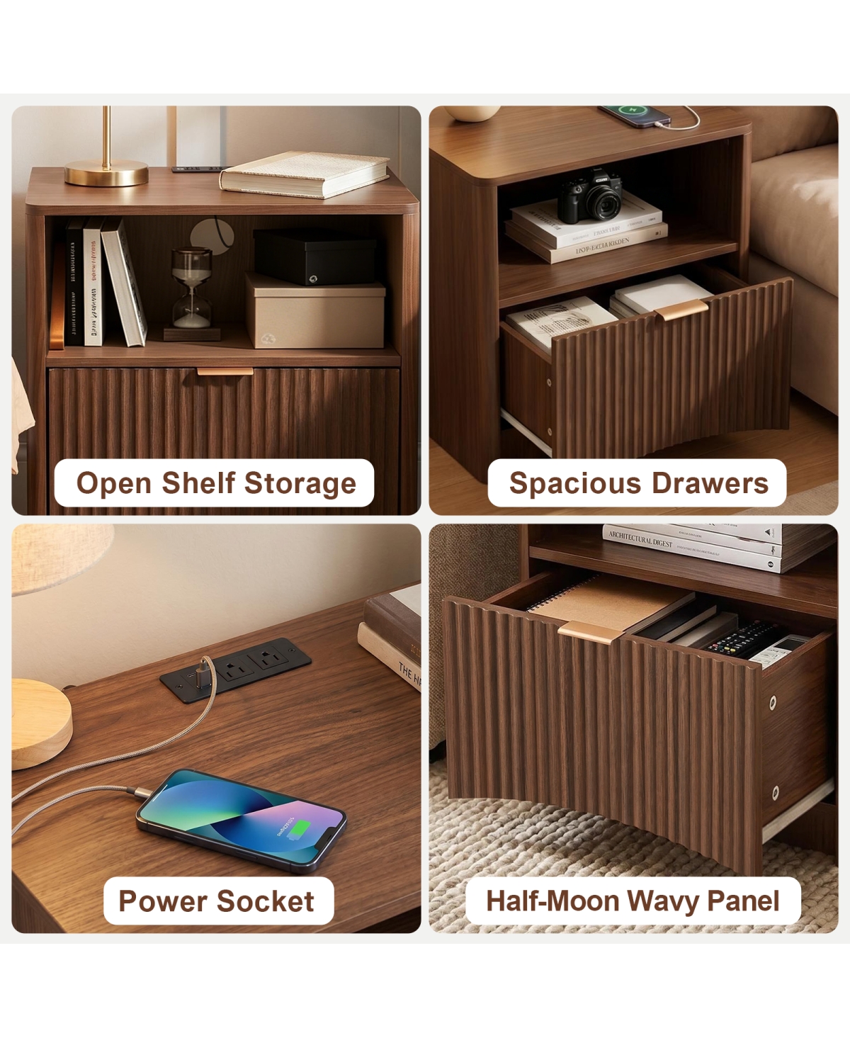 Streamdale Furniture Nightstand Set of 2 with Charging Station and Drawer