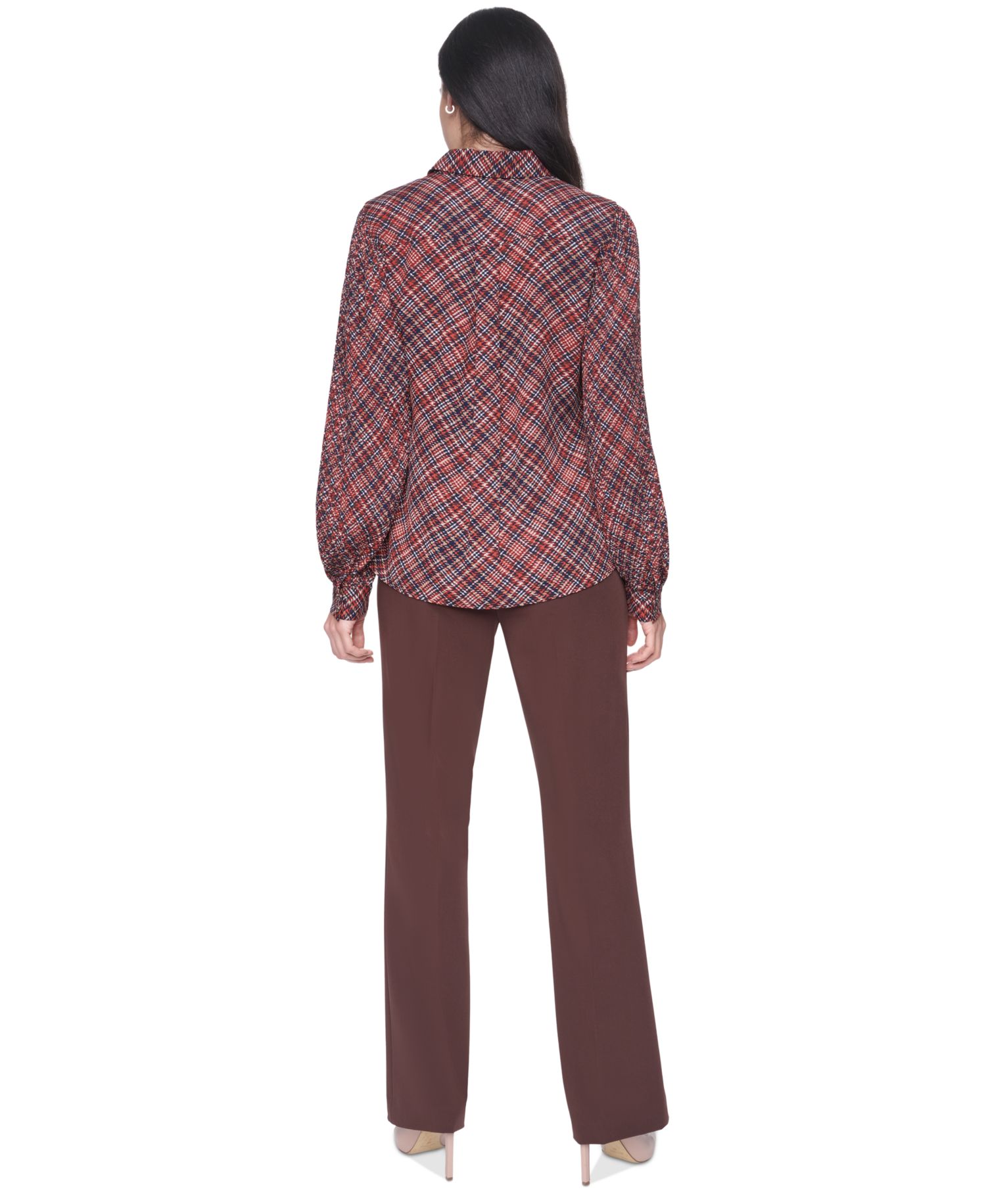 Women's Button-Front Pleated Plaid Long-Sleeve Blouse