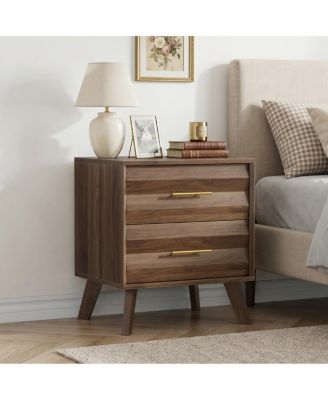 Double Drawer Mid-Century Modern Bedside Table with Metal Handles