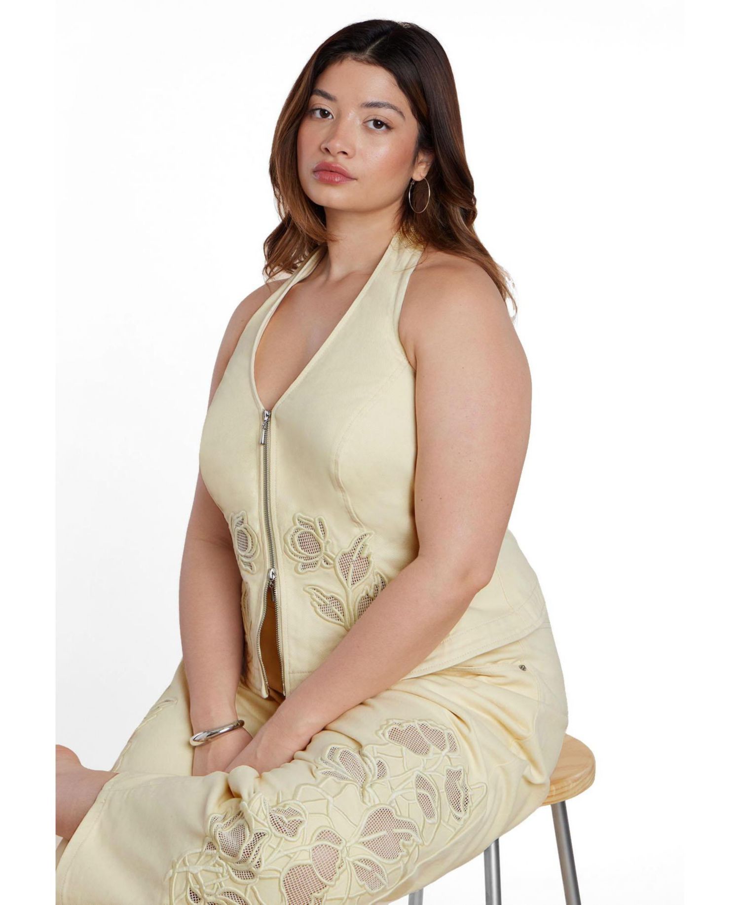 Plus Size Halter Floral-Embroidery Denim Vest