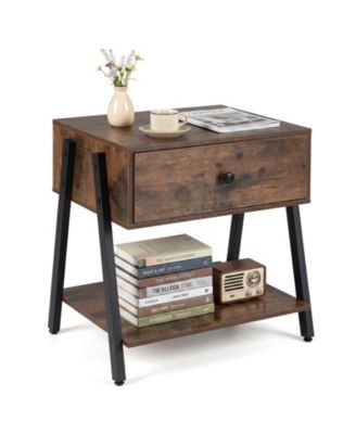 Industrial Nightstand with Drawer Open Storage Shelf Adjustable Foot Pads