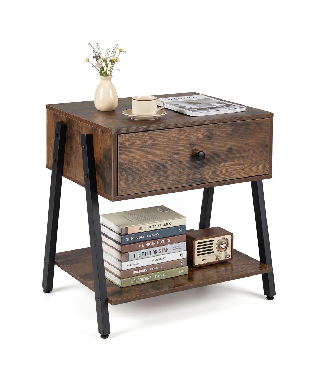 Gymax Industrial Nightstand with Drawer Open Storage Shelf Adjustable Foot Pads