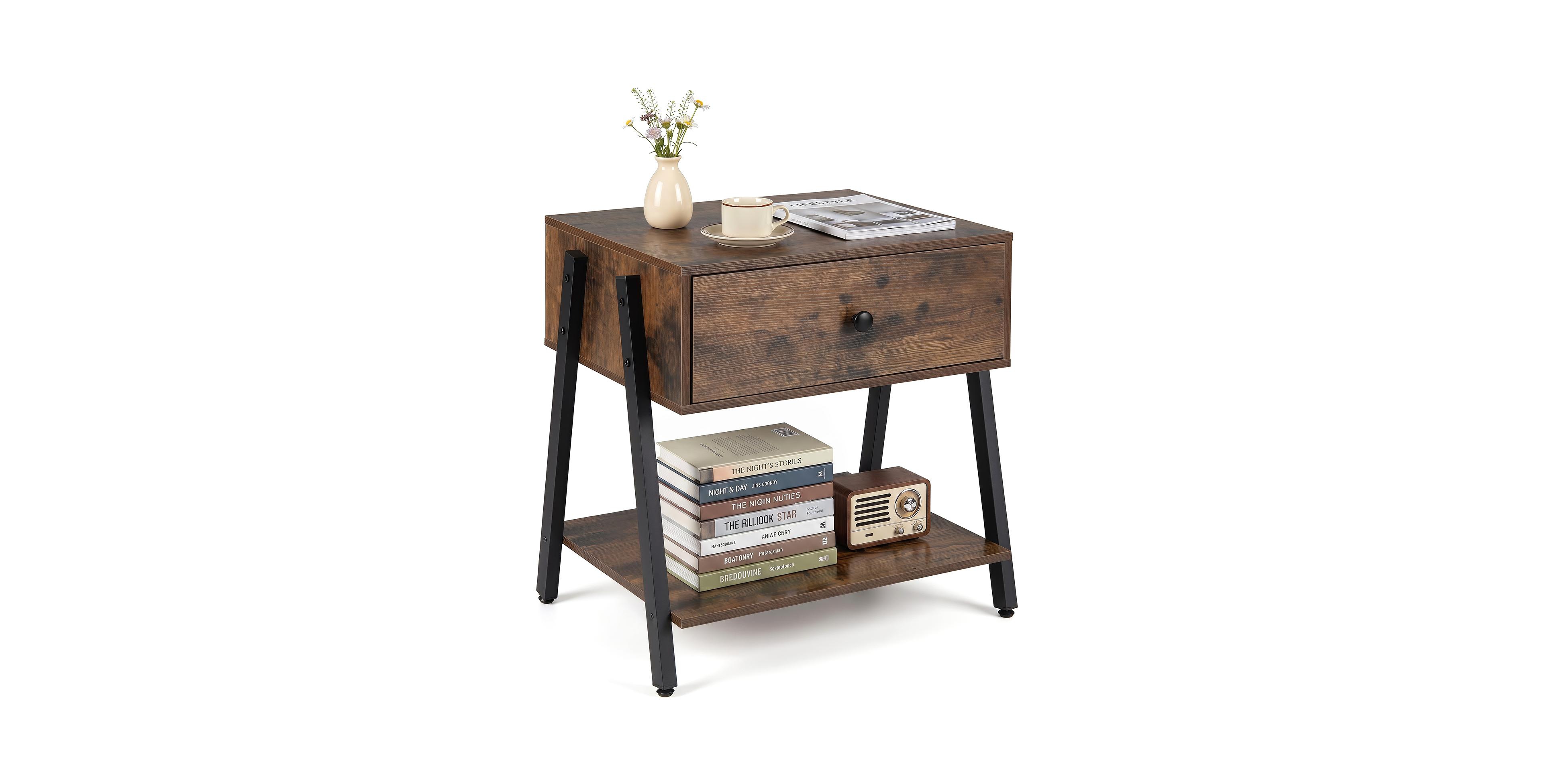 Gymax Industrial Nightstand with Drawer Open Storage Shelf Adjustable Foot Pads