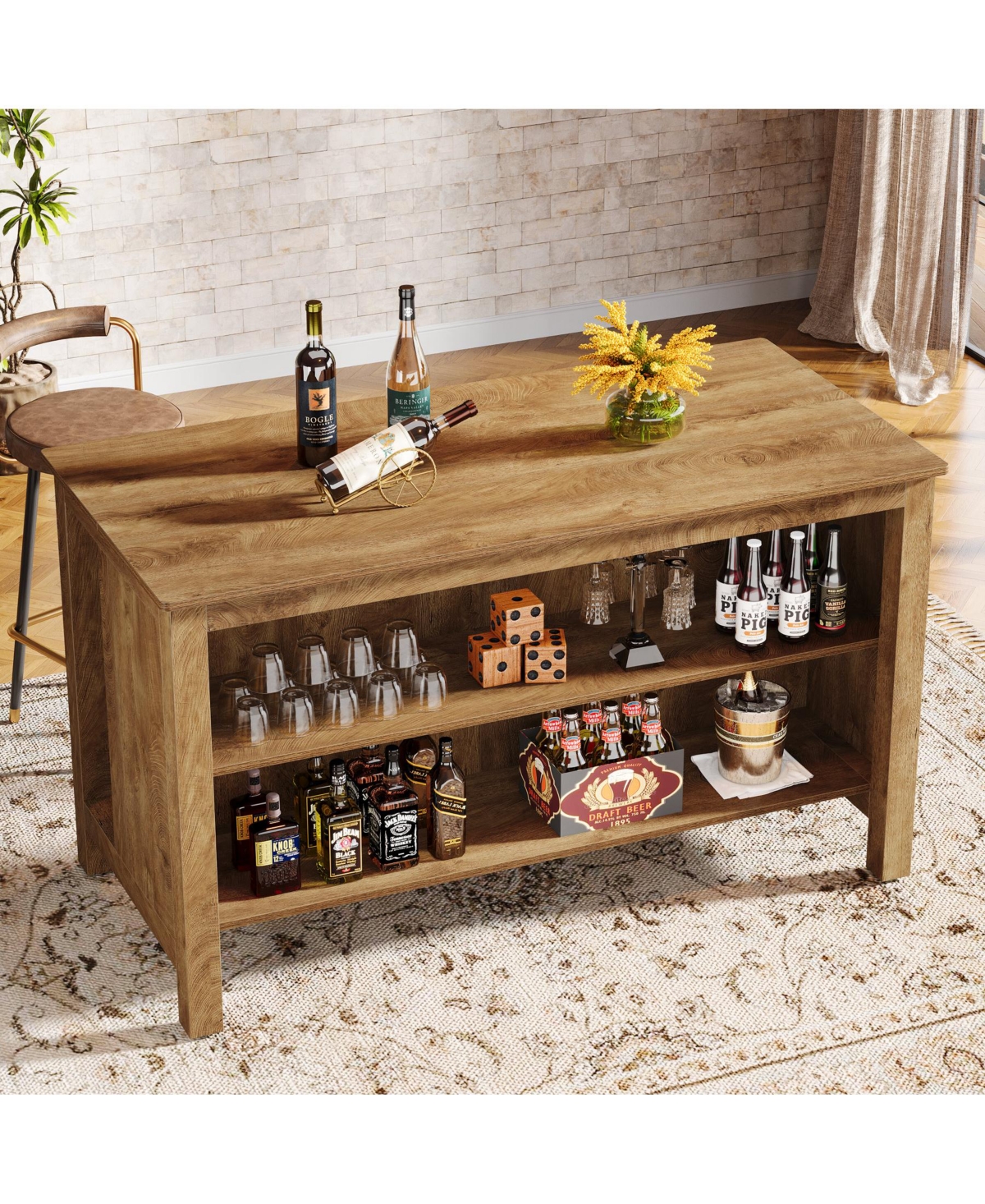 Tribesigns 59-Inch Home Bar Table Unit, 3-Tier Counter Height Pub with Storage Shelves, Cabinet