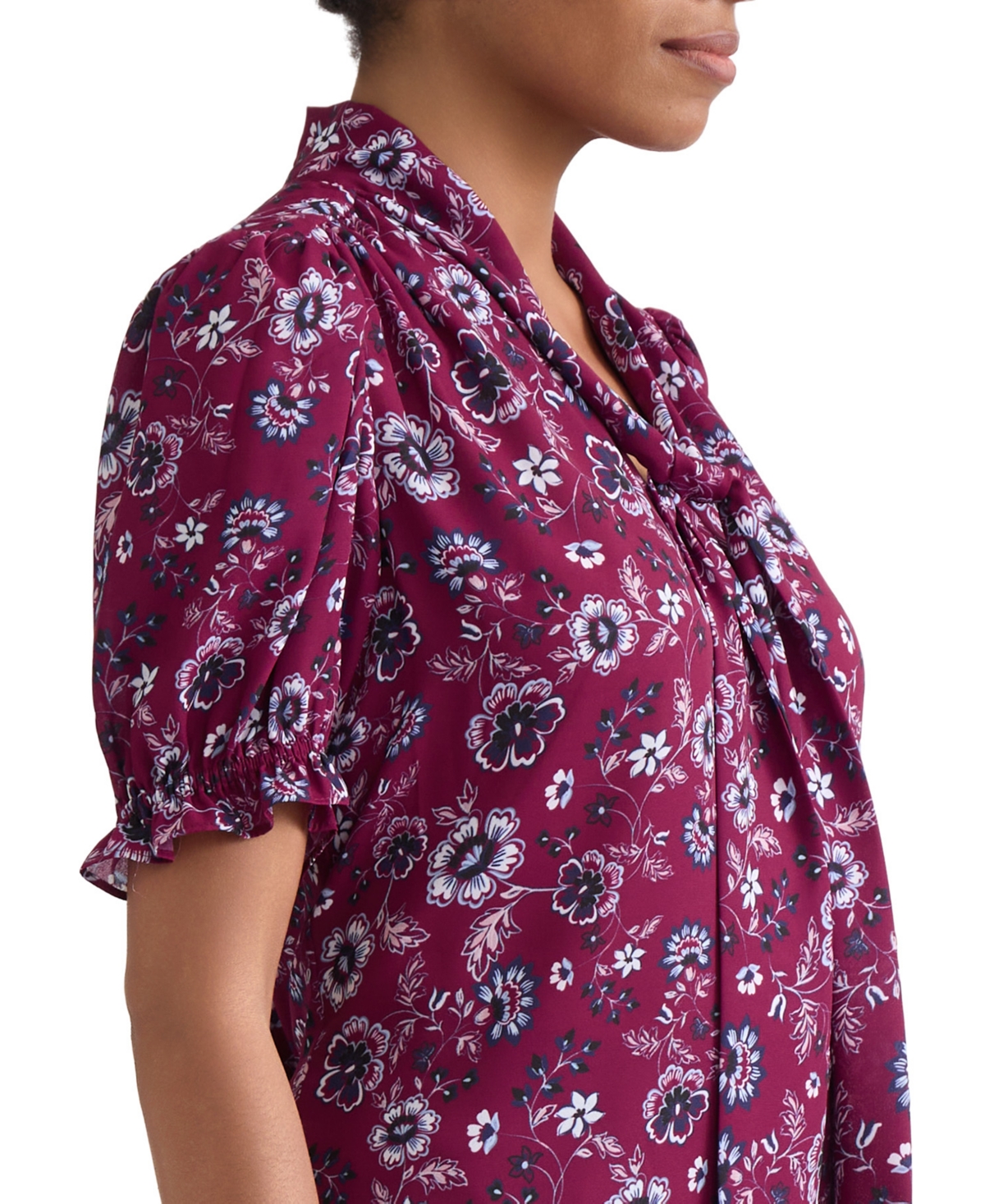 Jones New York Petite Tie-Neck Floral-Print Puff-Sleeve Blouse