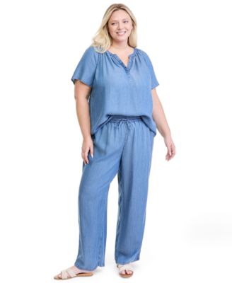 Plus Size Tencel Chambray Pull-On Drawstring Wide-Leg Pants, Macy's Exclusive