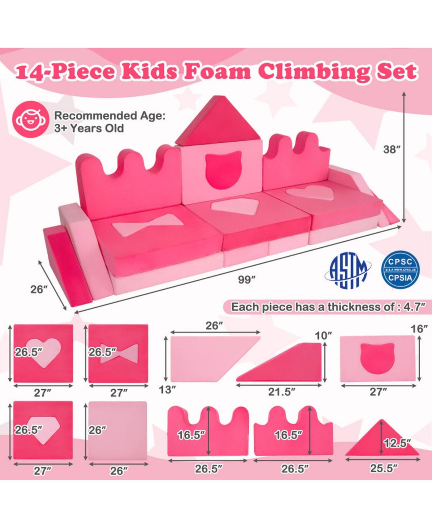 Детские игрушки HONGGE 14-Piece Modular Kids Play Couch with Washable Covers, цвет: Пудровый розовый — фото 3