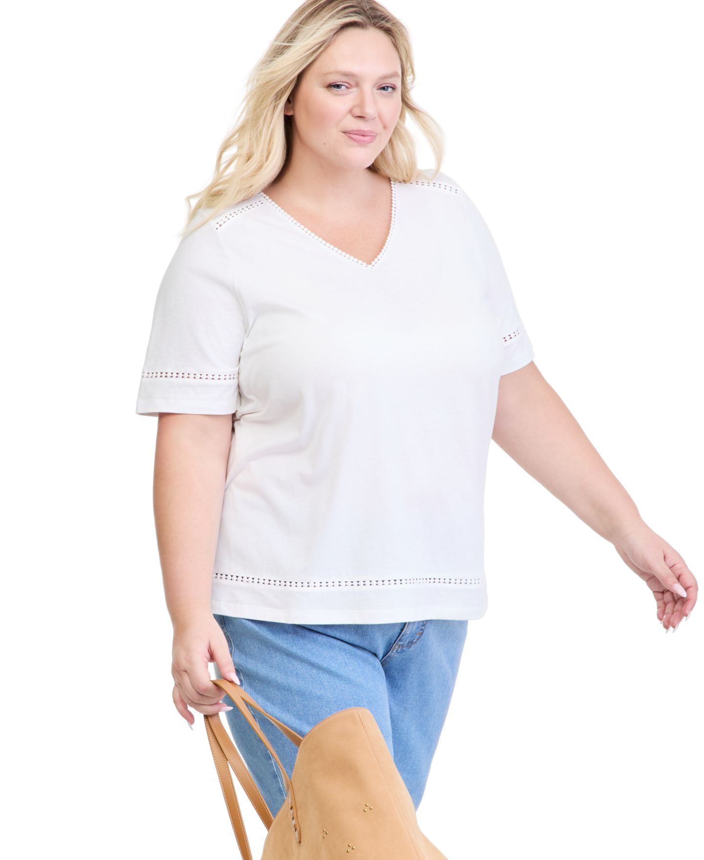 Женский топ Style & Co Plus Size Short-Sleeve V-Neck Pom-Pom Trim, цвет: Яркий белый — фото 1