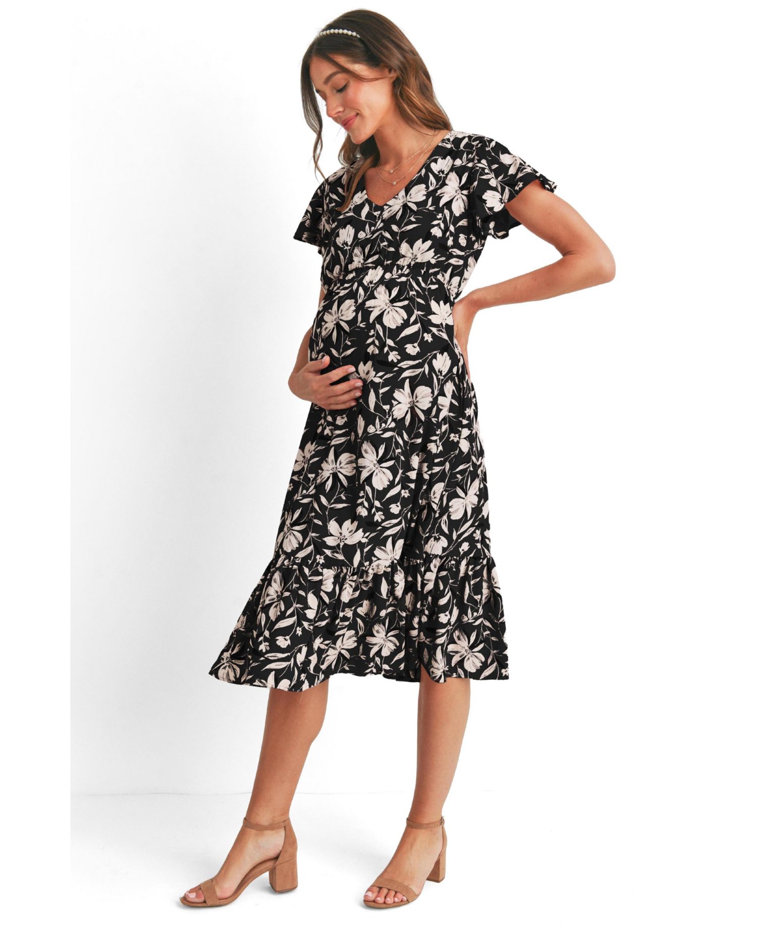 Maternity Floral-Print Flutter-Sleeve Dress