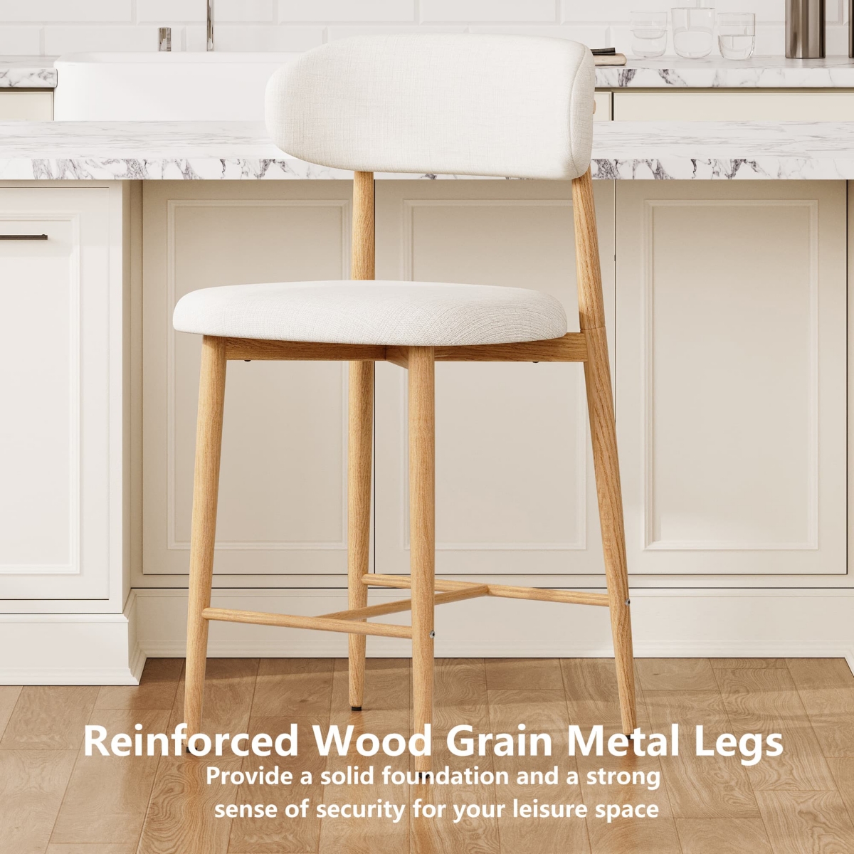 Maison Boucle Set of 2 Modern Mid-Century Counter Height Bar Stools, Linen Upholstered Barstools with Back