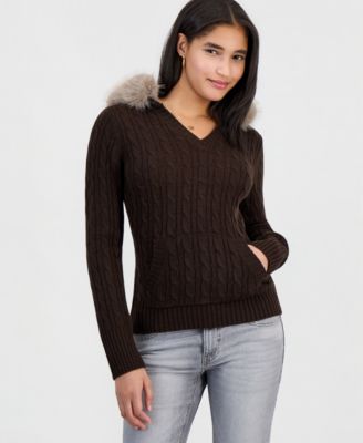 Juniors' Cable-Knit Hooded Faux-Fur Pullover
