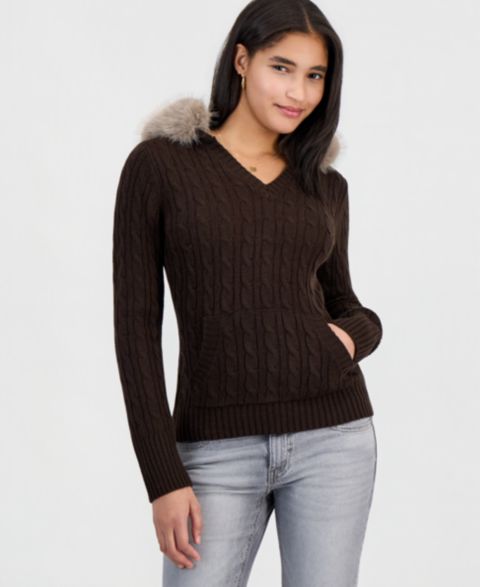 Женский свитер Madden Girl Juniors' Cable-Knit Hooded Faux-Fur Pullover, цвет: Коричневый