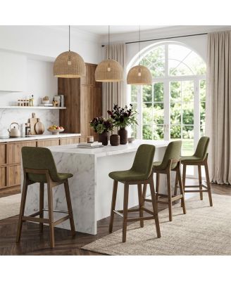 Set of 4 Upholstered Counter Height Bar Stools, Polyester Fabric, Solid Wood Barstools, Low Back with Backrest