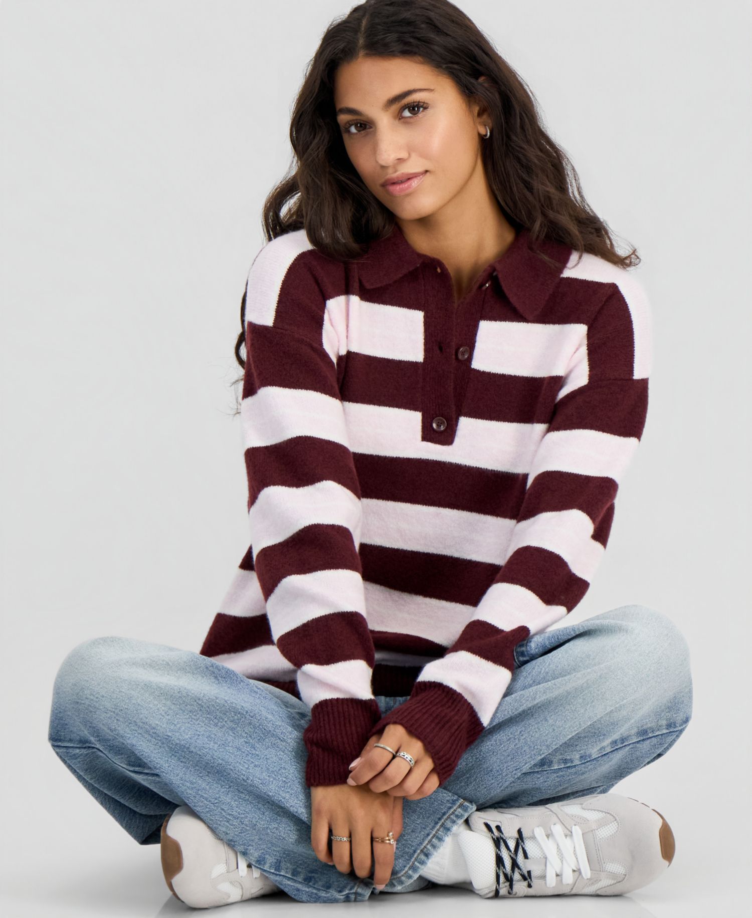 Juniors' Collar Rugby Slouchy Striped Sweater