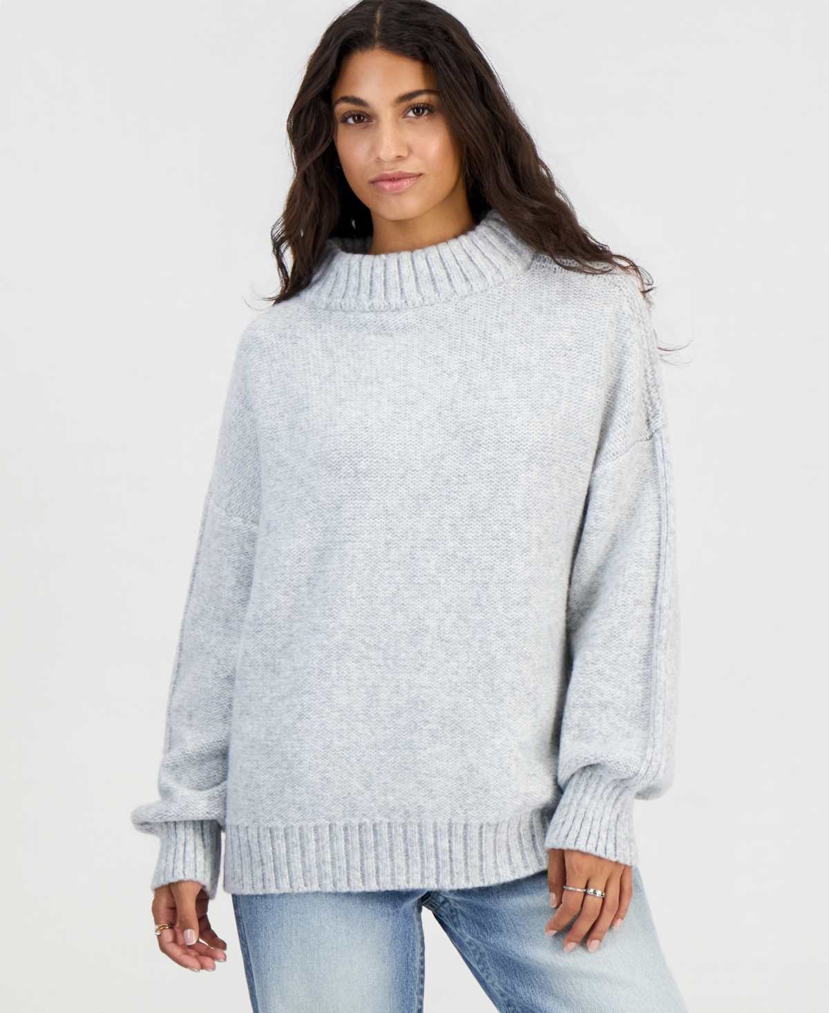 Hippie Rose Juniors' Drop-Shoulder Oversized Mock Neck Sweater