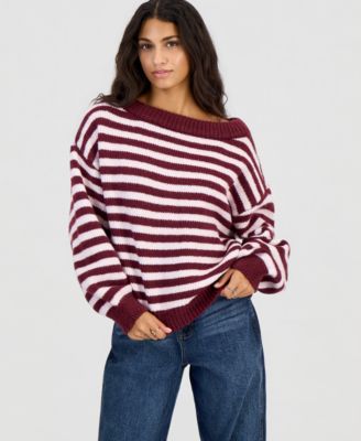 Juniors' Slouchy Striped Balloon-Sleeve Sweater