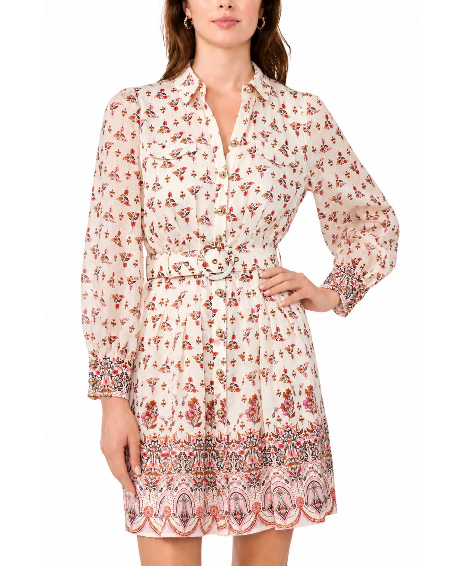 Women's Floral-Print Long-Sleeve Collared Dress