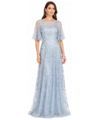 Women's Cape-Sleeve A-Line Pearl-and-Rhinestone Gown