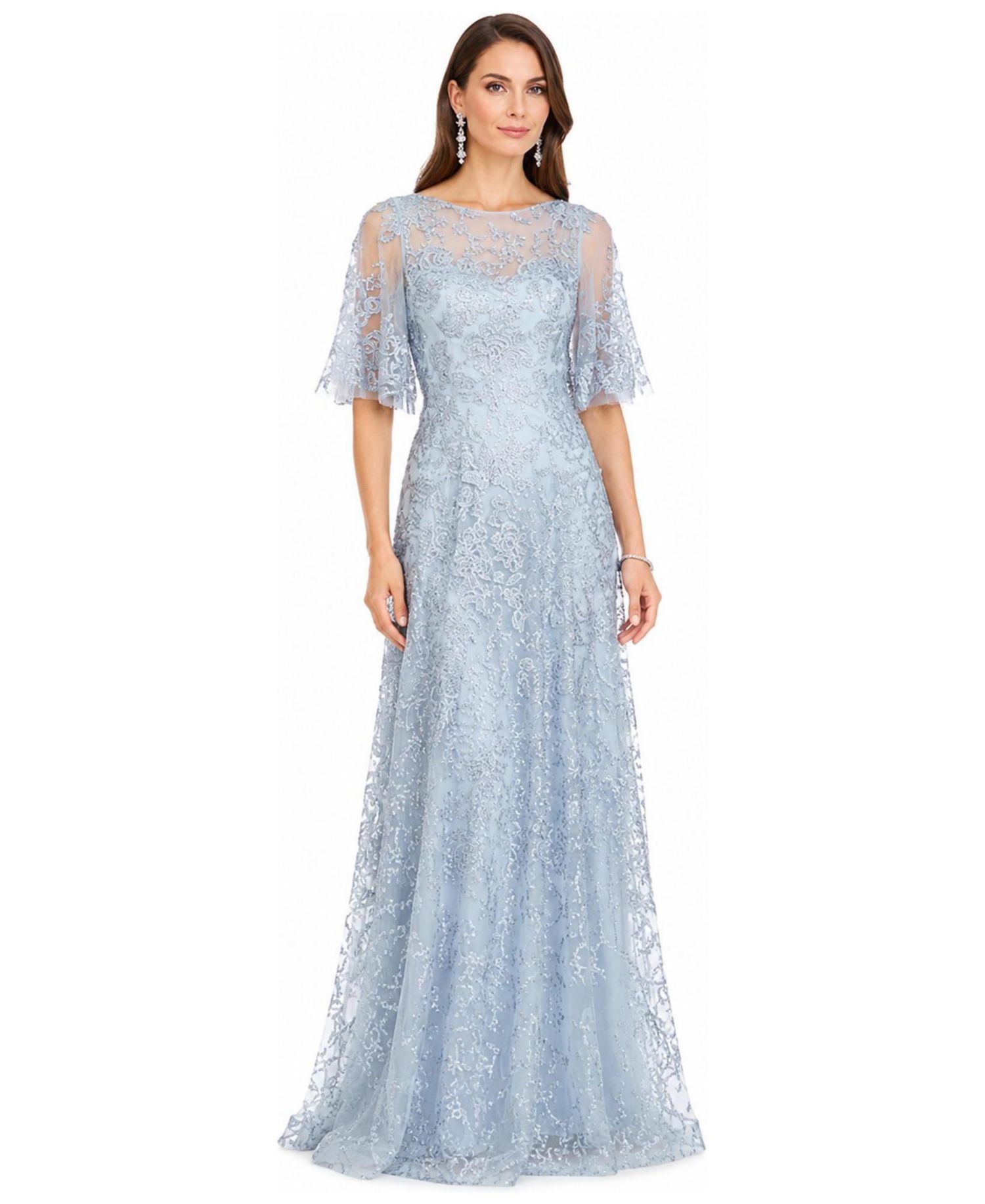Women's Cape-Sleeve A-Line Pearl-and-Rhinestone Gown