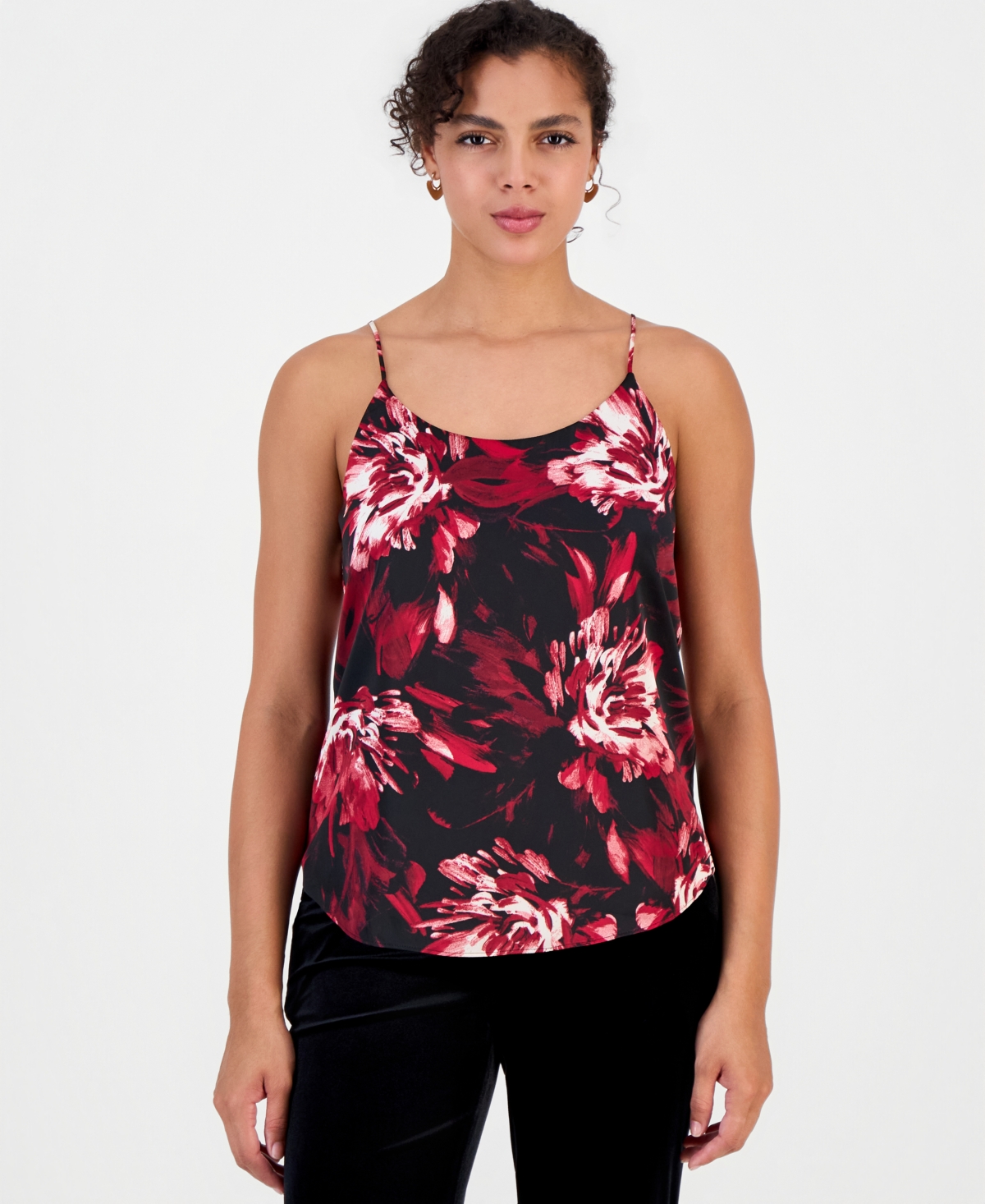 Bar Iii Women's Floral-print Scoop-neck Satin Camisole, Macy's Exclusive In Black,pomegranate Multi