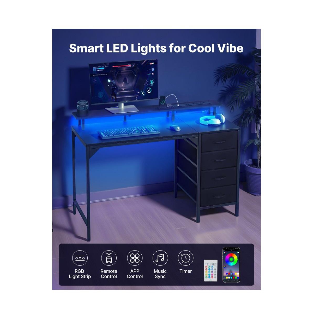 Slickblue Gaming Desk with Led Lights, Charging Station, 4 Storage Drawers and Monitor Shelf