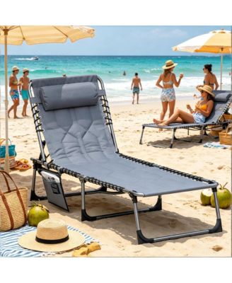 Gray Padded Folding Chaise Lounge Chair 6-Level Reclining Outdoor Camping Tanning Chair with Headrest for Beach Yard Patio Pool