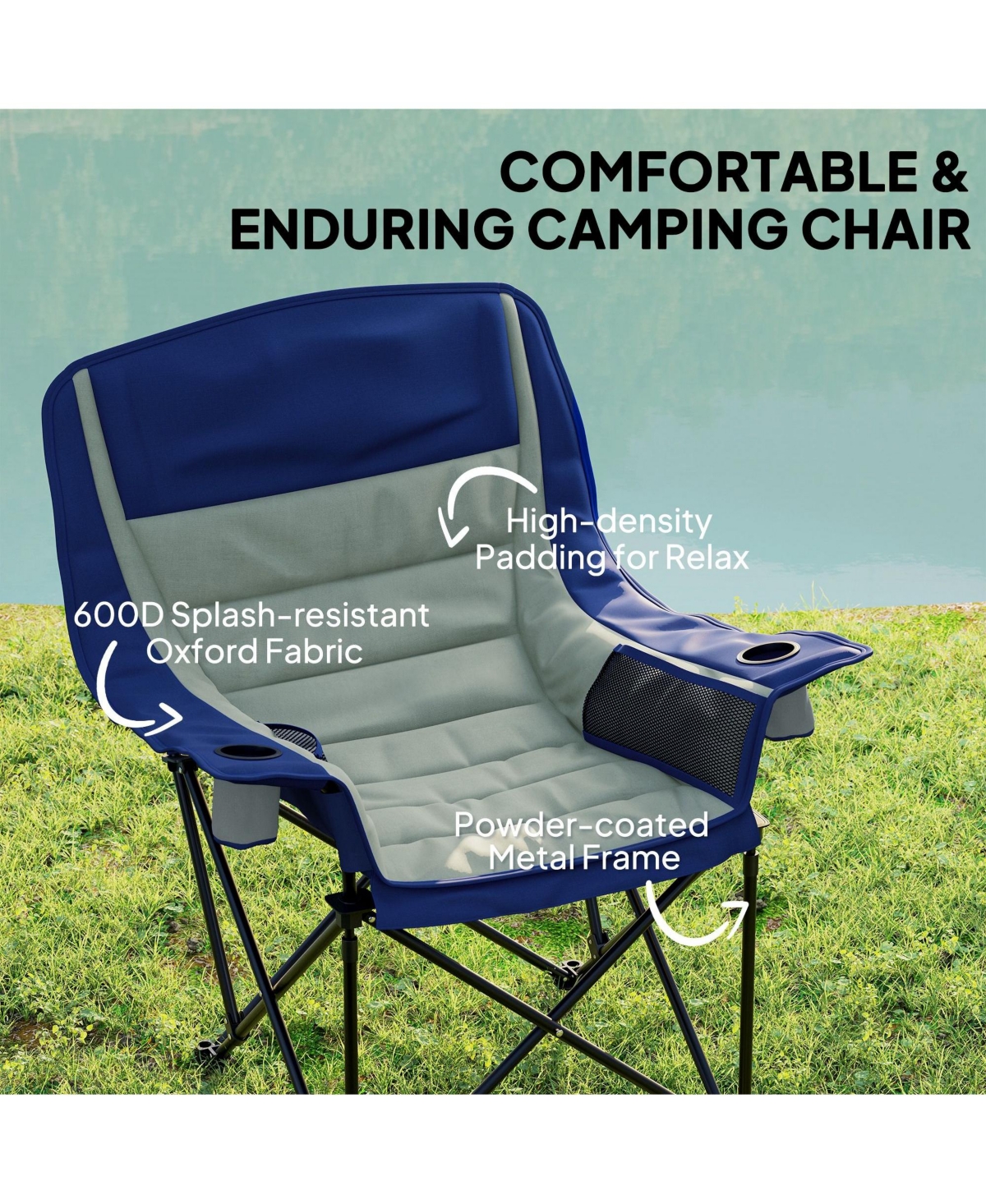 Mountaintop Padded Camping Chair for Adults, Portable Folding Camping Chair with Side Pockets, Cup Holders, Carry Bag